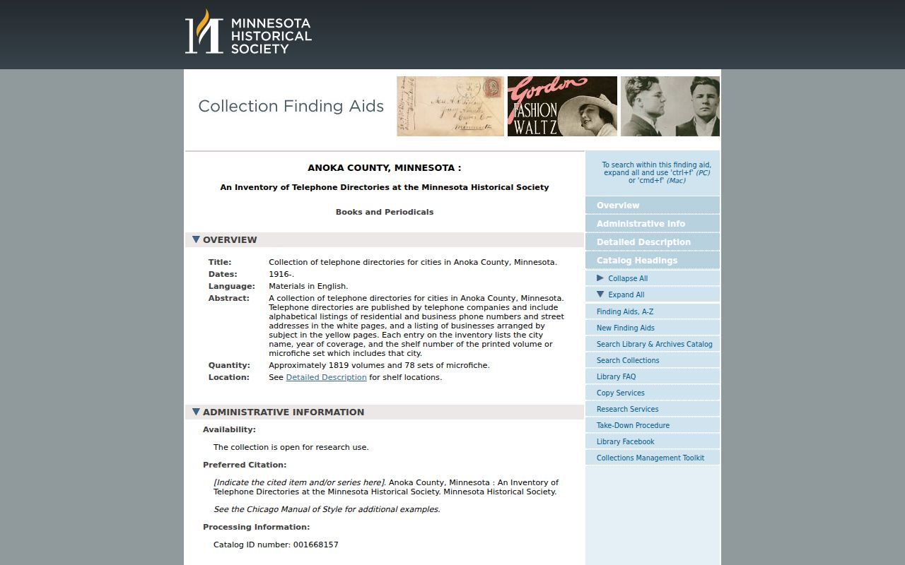 Lino Lakes city directory telephone-directory finding aid at MNHS