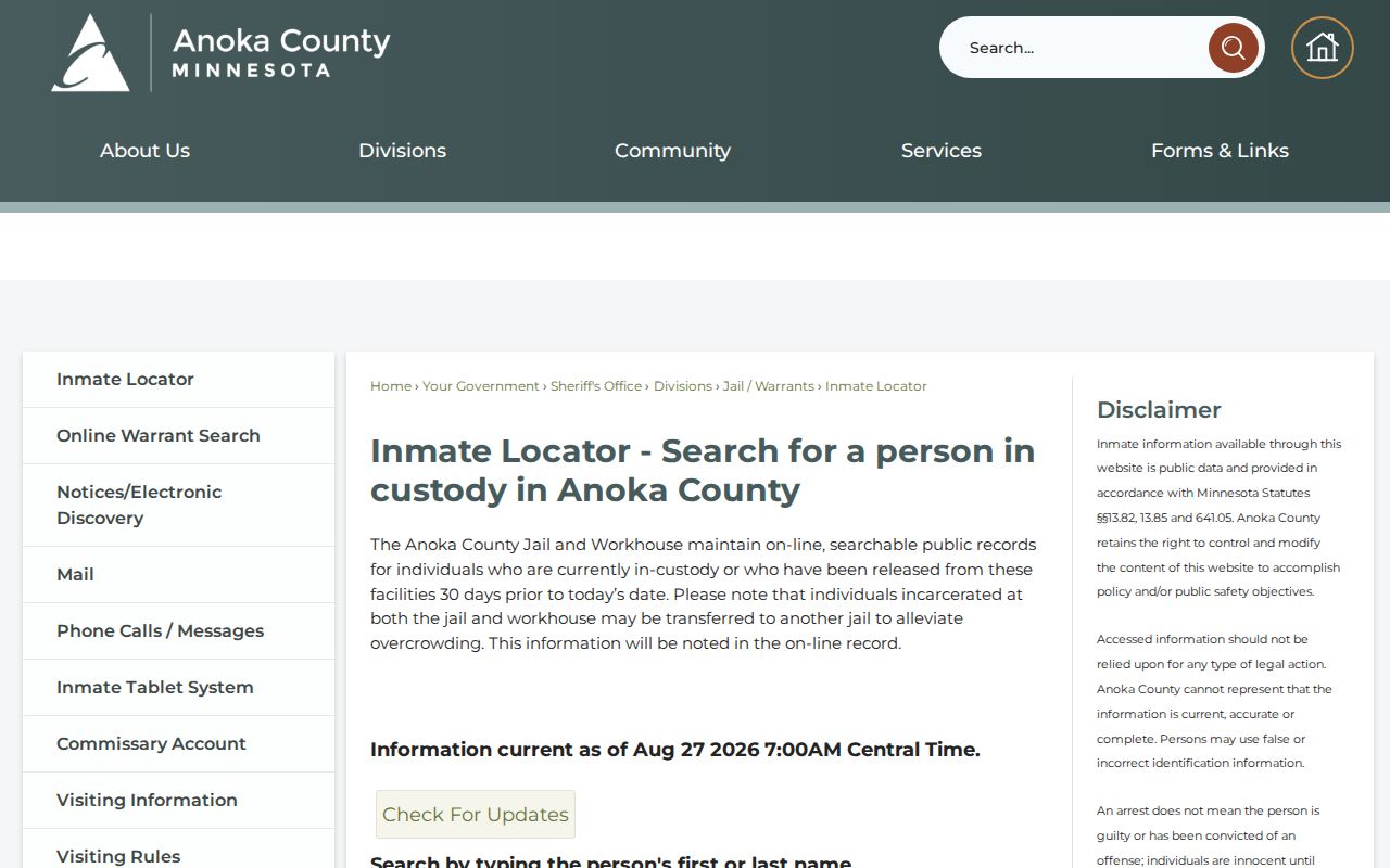 Lino Lakes residents directory Anoka County inmate locator information