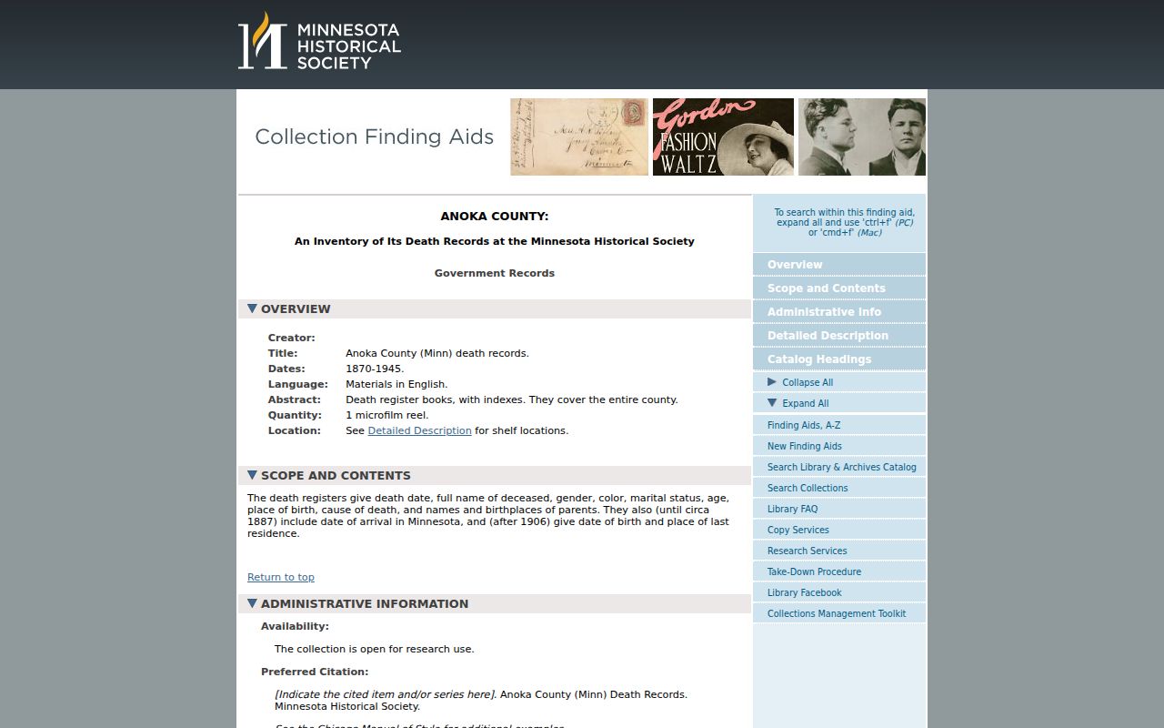 Lino Lakes previous residents Anoka County death-record finding aid