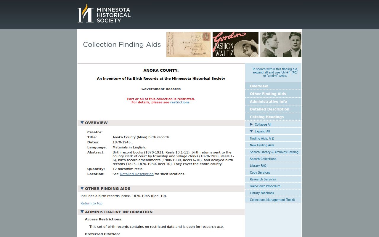 Lino Lakes previous residents Anoka County birth-record finding aid