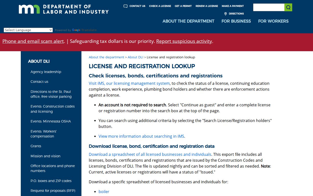 Lino Lakes resident lookup source, Minnesota DLI license and registration search
